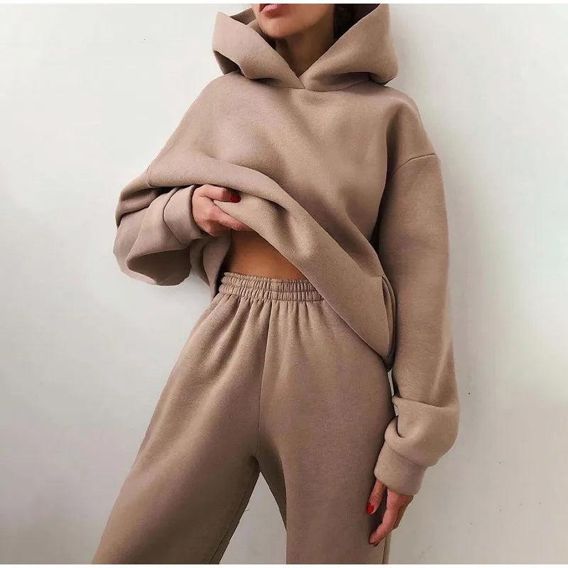 Women's Tracksuit Casual Solid Long Sleeve Hooded Sport Suits Autumn Warm Hoodie Sweatshirts and Long Pant Fleece Two Piece Sets