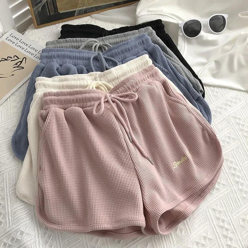 Shorts Women's Sports Fashion Waffle Pink Summer Student Thin Section Loose Wide Legs Casual High Waist Hot Pants