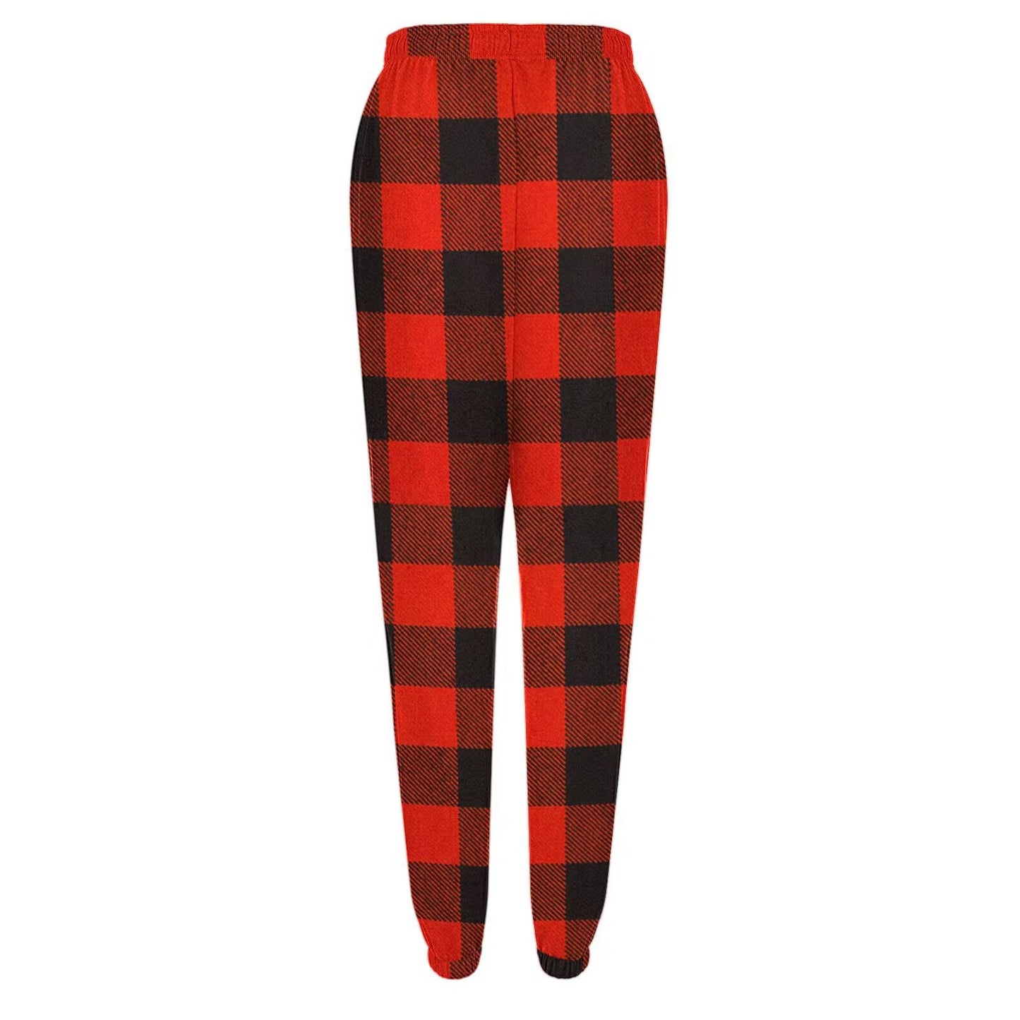 Red Plaid Printed Elastic Waistband Casual Pants with Pockets