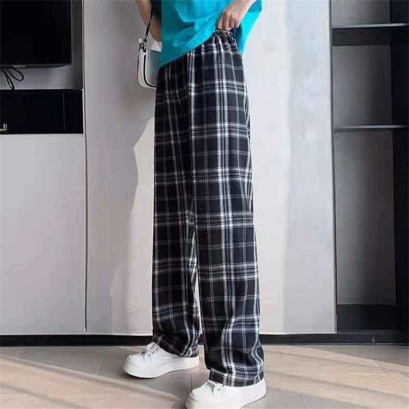 Plaid wide-leg pants women's live broadcast loose drape and thin summer thin straight-leg pants casual high-waist plaid trousers Hong Kong style pants