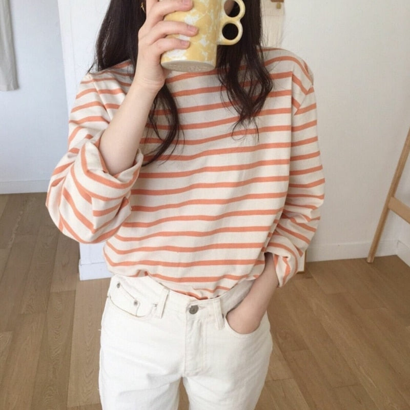 Hnewly spring autumn Women t shirt Harajuku Simple stripes t-shirt long sleeve casual oversized T-Shirts Female goth blue pink Top Tees