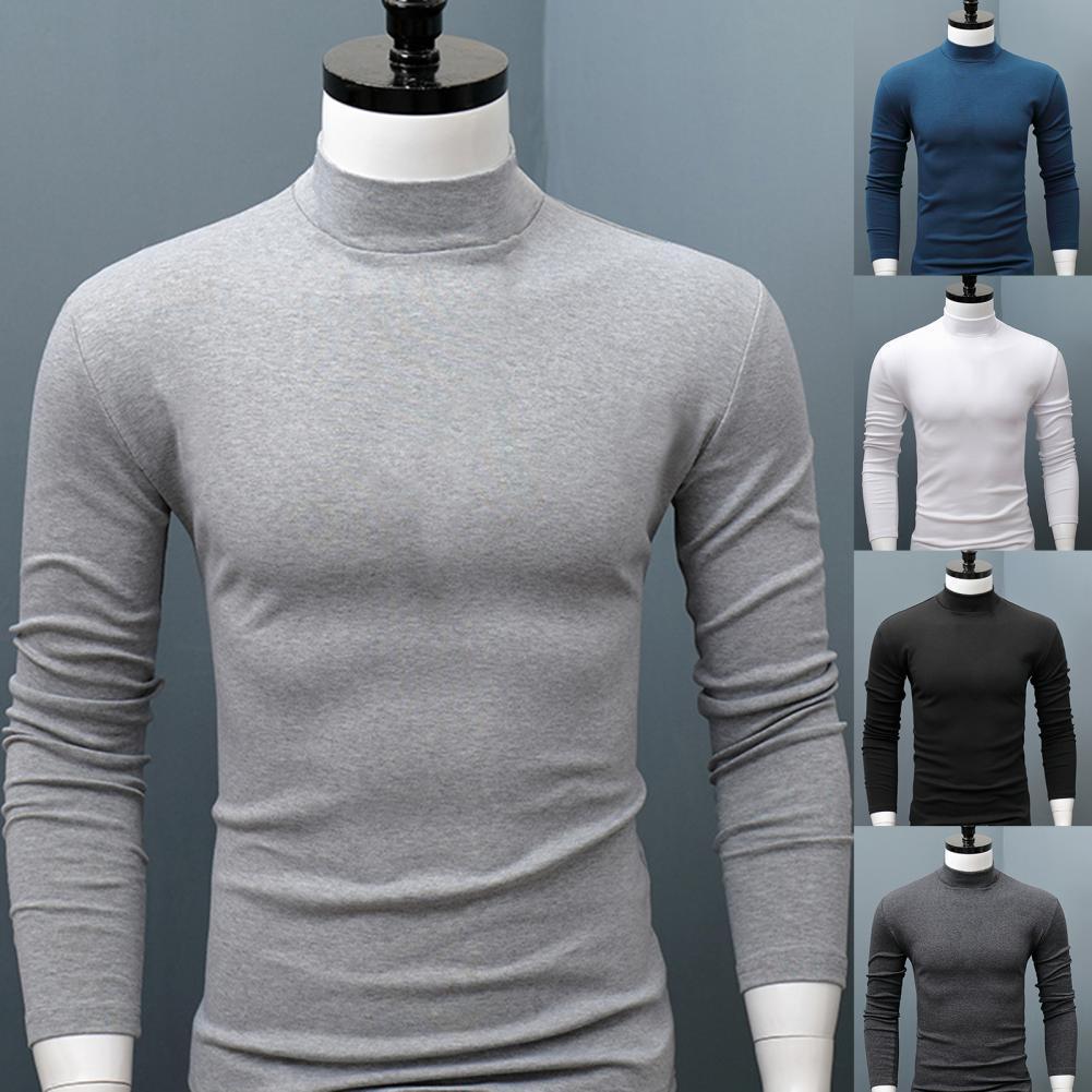 Men Shirt Sweaters Solid Color Half High Collar Casual Slim Long Sleeve Keep Warm Tight Shirt Male for Men Clothes Inner Wear